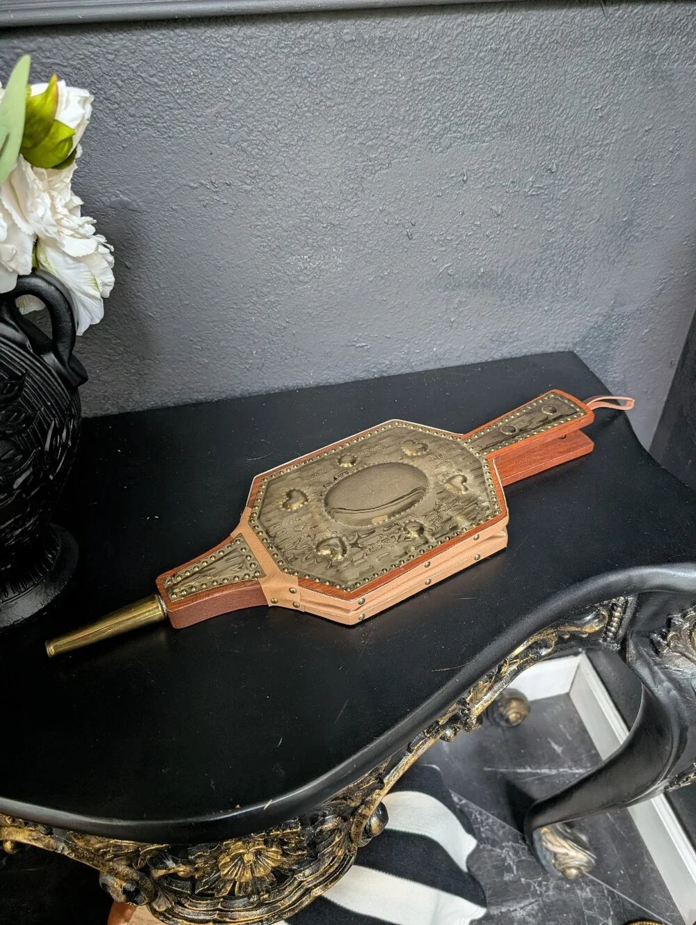 Vintage Ornate Brass & Wood Fireplace Bellows Hollywood Regency Spanish Revival